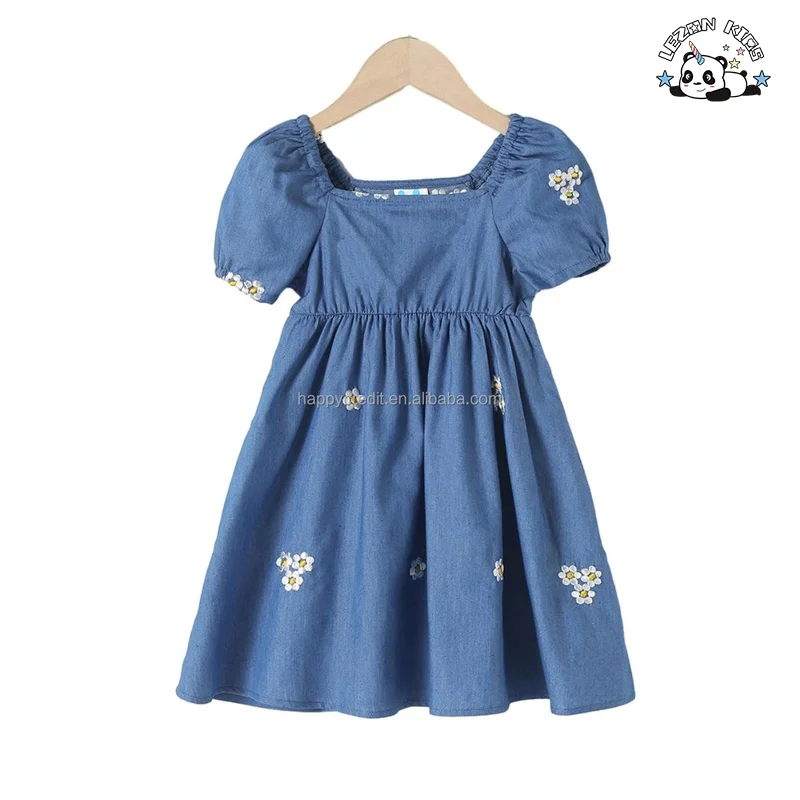 LEZONKIDS - Customizable Summer New Embroidery Bubble Sleeve Flowers Children's Denim Dress Little Girls Dress